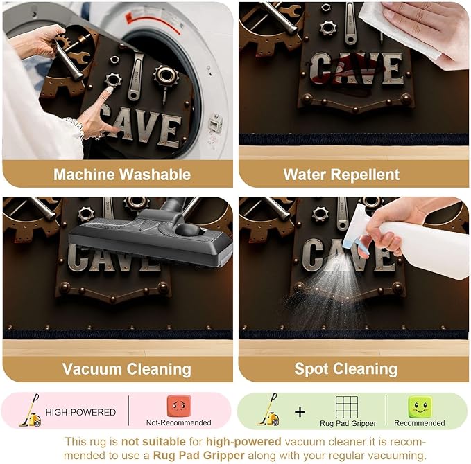 9x12 Area Rugs for Bedroom Boho Washable Man Cave Rug for Living Room Industrial Steampunk Man Cave Sign Tools Gears Soft Rubber Backed Non-Slip Large Carpets for Boys