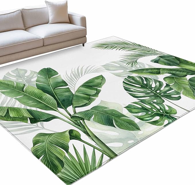Area Rug 9x12ft, Watercolor Green Tropical Leaves Washable Rugs for Living Room Bedroom Rectangle Floor Carpet, Botanical Palm Leaf Plants Soft Non-Slip Area Rugs for Dining Room