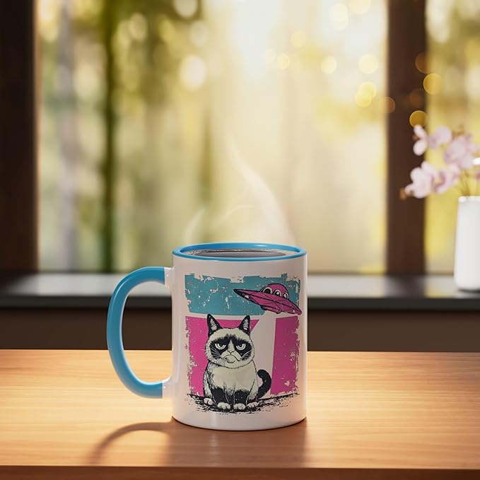 Retro UFO Ragdoll Cat Alien Sci Fi Space Funny Ceramic Mug, Blue/White