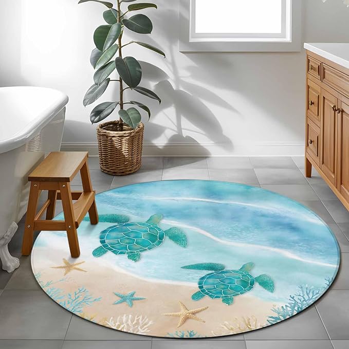 Washable Round Area Rug Sea Turtle Starfish Coral Circle Rugs Floor Carpet for Living Room Bedroom, Summer Seaside Ocean Life Soft Non Slip Round Rug 4ft