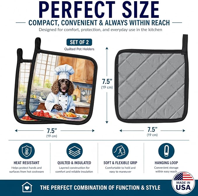 Caroline's Treasures American Water Spaniel The Chef Pair of Pot Holders Kitchen Heat Resistant Pot Holders Sets Oven Hot Pads for Cooking Baking BBQ, 7 1/2 x 7 1/2