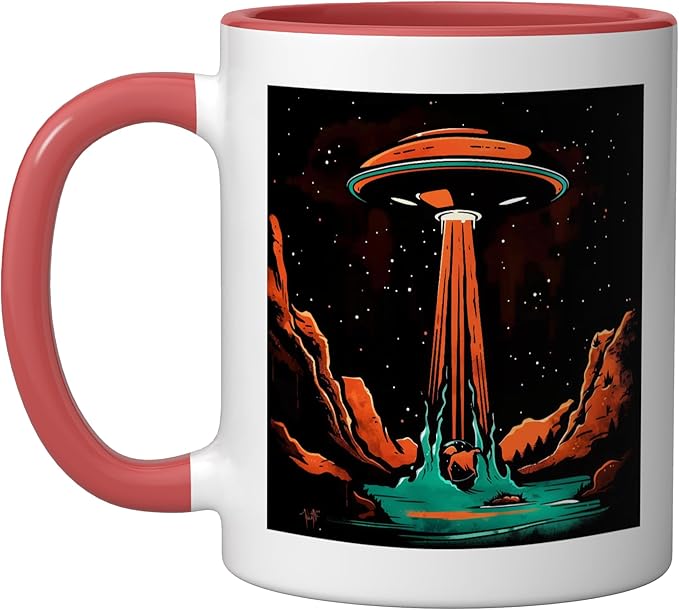 Aliens Abducting people into Flying UFO Saucer Abduction Ceramic Mug, Red/White