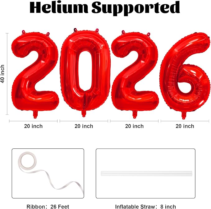 40 Inch 2026 Balloons Red Foil Number Balloons for 2026 New Year Festival Celebration or Birthday Party Supplies Decorations,New Years Balloon 2026, New Years Eve Graduation Balloons Decorations