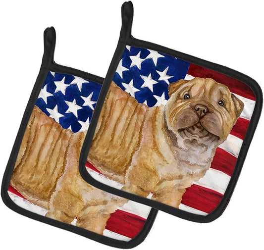 Caroline's Treasures BB9719PTHD Shar Pei Puppy Patriotic Pair of Pot Holders Kitchen Heat Resistant Pot Holders Sets Oven Hot Pads for Cooking Baking BBQ, 7 1/2 x 7 1/2