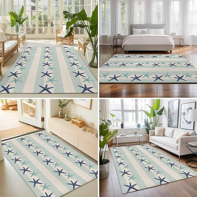 Area Rug 9x12ft, Summer Ocean Blue Teal Starfish Washable Rugs for Living Room Bedroom Rectangle Floor Carpet, Sea Star on Farmhouse Linen Soft Non-Slip Area Rugs for Dining Room