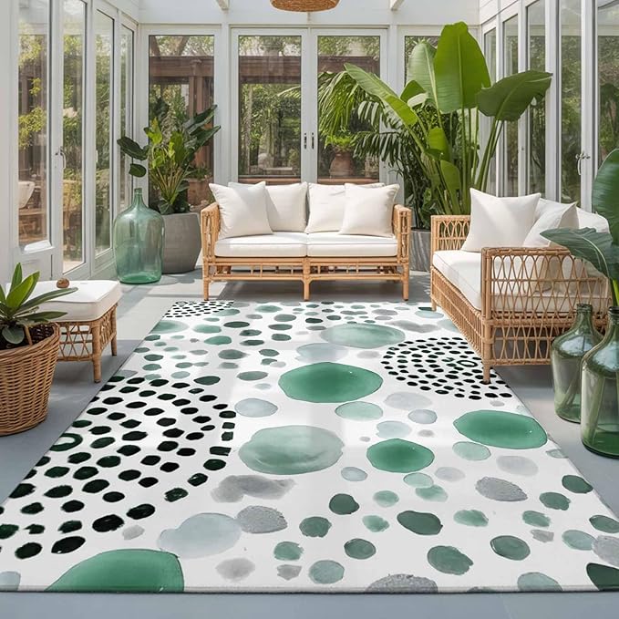 Area Rug 3x5ft, Abstract Teal Circles Washable Rugs for Living Room Bedroom, Sage Green Geometric Round Soft Non-Slip Area Rugs Rectangle Floor Carpet for Dining Room