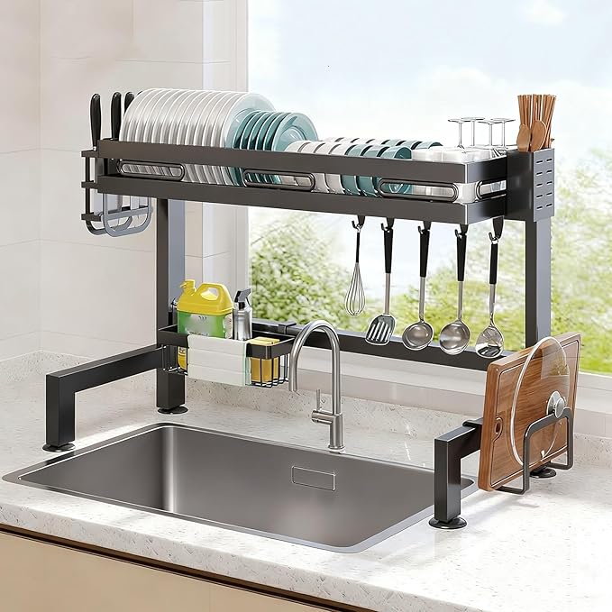 Over Sink Dish Drying Rack - Space-Saving 25.6in Carbon Steel Kitchen Organizer, Efficient Black Drainer Shelf for Countertop Storage and Quick Drying Solutions