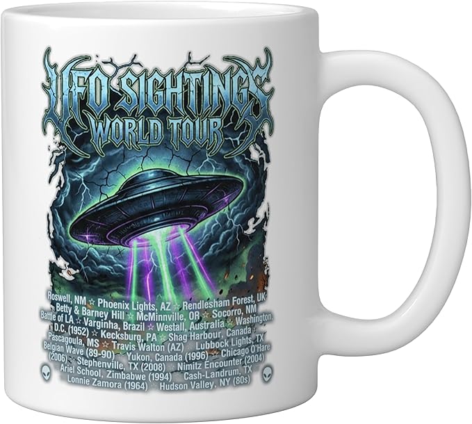 Vintage UFO Sightings World-Tour Cool-Looking Heavy-Metal Ceramic Mug, White