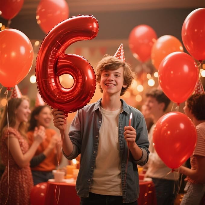 Red Number Balloon Six Balloons, Happy Birthday Decoration for 6th, 40 Inch Six Number Balloons for 6, 16, 26, 60, 2026 Wedding Anniversaries Singles Party, 2026 New Years Eve Party
