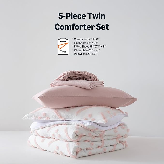 Amazon Basics Kids' Pink Bedding Set, 5-Piece Jacquard Microfiber Bed-in-a-Bag with Comforter, Fitted Sheet, Flat Sheet, Pillowcase, Pillow Sham, Deep Pocket 16", All-Season, Pink Tufted, Twin