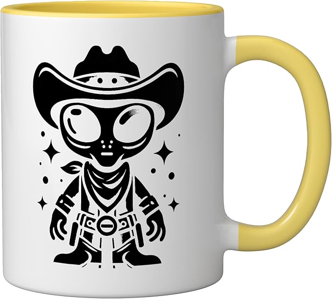 Alien Lover Flying Saucer UFO Extraterrestrial Cowboy Ceramic Mug, Yellow/White