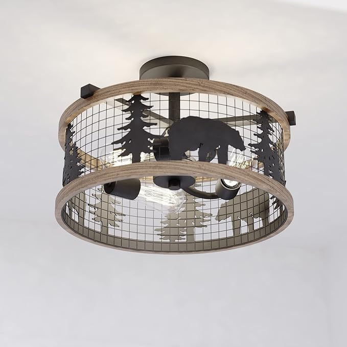 VAXCEL Kodiak 16 Inch Rustic Flush Mount Ceiling Light, Bear and Tree Motif, Dimmable Indoor Outdoor Lighting, Black and Burnished Teak Finish