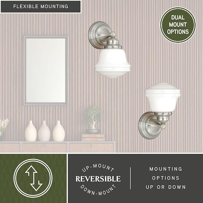 VAXCEL Huntley 1-Light 6.75 inch Wide Satin Nickel Farmhouse Bathroom Vanity Lighting Fixture, White Schoolhouse Milk Glass Globe Shade, Dimmable, LED Compatible, Wall Mounted Steel Sconce