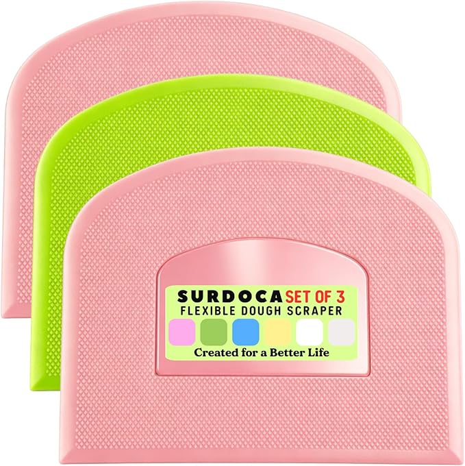 SURDOCA Dough Scraper Bench Scraper - 3P 4.7x3.7" Plastic Flexible Bowl Scraper, Sharp Edge & Angles Cake Scraper. Non-Slip Bakeware Decorating Tools Sculpting & Modeling Tools - Pink+Green+Pink