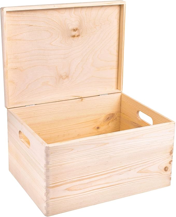 Creative Deco XXL Large Plain Wooden Box Storage with Hinged Lid | 15.8x11.8x9.44 inches (+-0.5) | Keepsake Unfinished with Handles | Unpainted Gift Trunk | PRODUCT NOT INTENDED FOR 15 YEARS OR BELOW