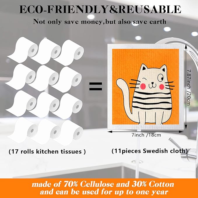 Patelai 6 Pack Swedish Dishcloth for Kitchen Cute Cat Dish Cloth Swedish Dish Towels Absorbent Reusable Paper Towels Washable Cleaning Cloths No Odor for Kitchen Decor