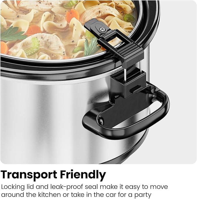 Chefman 6 Quart Slow Cooker with Locking Lid, Ceramic Crock with Portable Cook and Carry Travel Latching Lock, Large Easy Clean Dishwasher Safe Pot Insert, Manual 3 Heat Settings, Stainless Steel