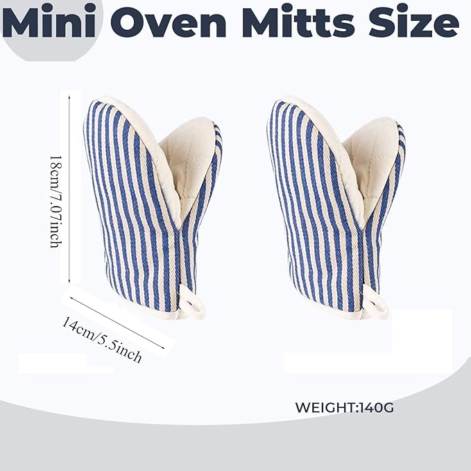 1 Pair Mini Oven Mitts,High Heat Resistant Oven Gloves,Kitchen Short Oven Mit with Hanging Loop for BBQ, Baking, Cooking and Grilling, (Blue)