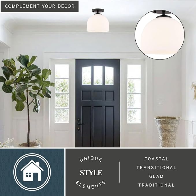VAXCEL Shelby 1-Light 9.25 in. Wide Matte Black Transitional Dome Semi Flush Mount Lighting Fixture, Frosted White Opal Glass Shade, LED Compatible, for Low Ceilings, Bedroom, Hallway, Kitchen