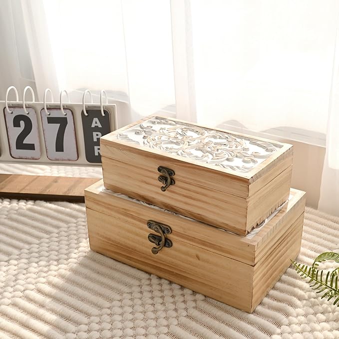 DECOR4SEASON Wooden Storage Box Set of 2 - Hand Carved Floral Decorative Boxes with Hinged Lids - Solid Pine Keepsake Organizer for Jewelry, Photos, and Rustic Farmhouse Home Décor