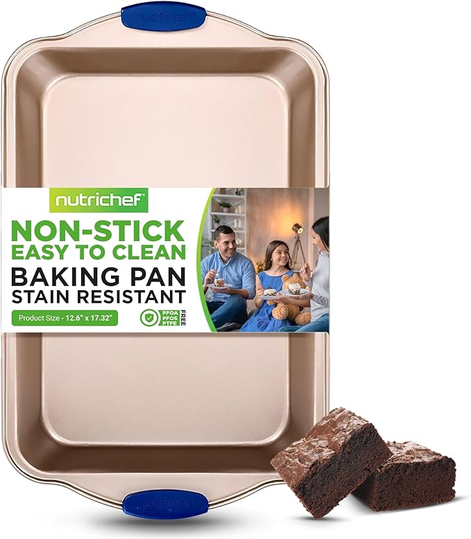 NutriChef 17” x 12" Non-Stick Loaf Baking Pan - Carbon Steel Pan for Cakes, Bread, & Brownies - Blue Silicone Handles, Champagne Gold