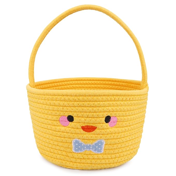 Easter Basket, Easter Baskets for Kids,Empty Chick Woven Rope Cotton for Eggs,Easter Egg Hunt Storage Bin with Handle, Baby Nursery Candy for Toddler, Boys and Girls, 9''×12''