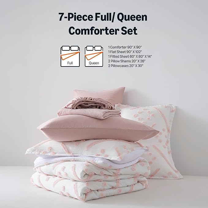 Amazon Basics Kids' Pink Bedding Set, 7-Piece Jacquard Microfiber Bed-in-a-Bag with Comforter, Fitted Sheet, Flat Sheet, Pillowcases, Pillow Shams, Deep Pocket 16", All-Season, Pink Tufted, Full/Queen