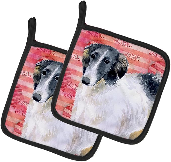 Caroline's Treasures BB9759PTHD Borzoi Love Pair of Pot Holders, Red Kitchen Heat Resistant Pot Holders Sets Oven Hot Pads for Cooking Baking BBQ, 7 1/2 x 7 1/2
