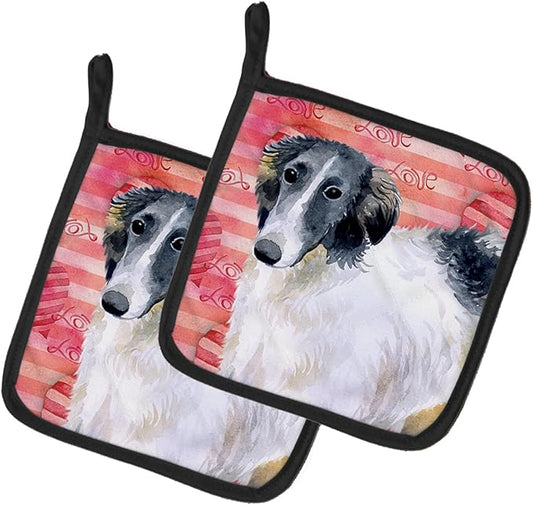 Caroline's Treasures BB9759PTHD Borzoi Love Pair of Pot Holders, Red Kitchen Heat Resistant Pot Holders Sets Oven Hot Pads for Cooking Baking BBQ, 7 1/2 x 7 1/2