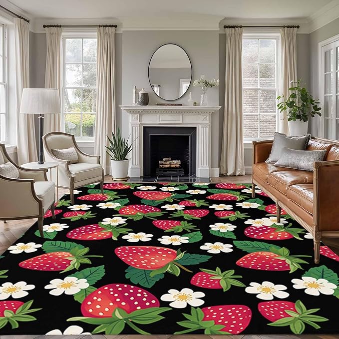 Area Rug 6x9ft, Red Strawberry Litter Flower Leaves on Black Washable Rugs for Living Room Bedroom, Summer Fruit Soft Non-Slip Area Rugs Rectangle Floor Carpet for Dining Room