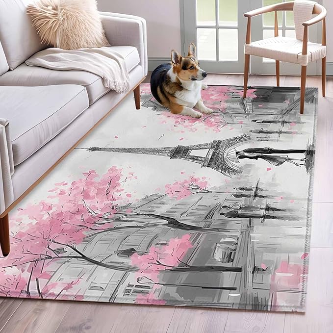 Area Rug 4x6ft, Vintage Towel Couple Pink Flower Washable Rugs for Living Room Bedroom, Watercolor Modern City Scene Soft Non-Slip Area Rugs Rectangle Floor Carpet for Dining Room
