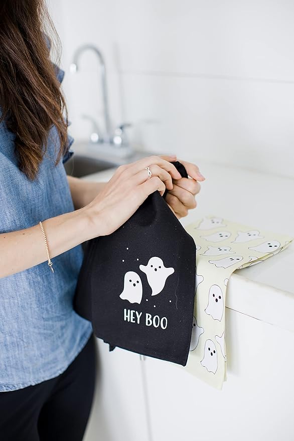 Pearhead Hey Boo Ghost Dish Towels for Kitchen, Halloween and Fall Decor, Spooky Season Gift Ideas, Set of 2