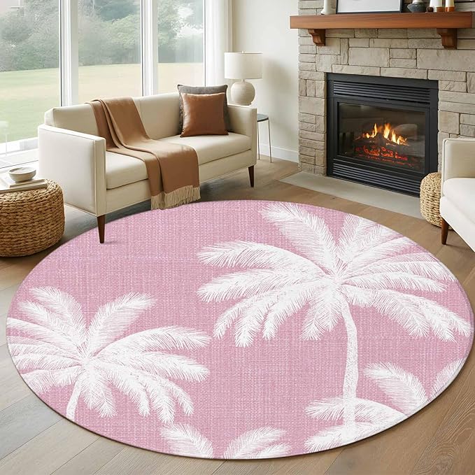 Washable Round Area Rug Boho Pink Palm Trees Vintage Circle Rugs Floor Carpet for Living Room Bedroom, Summer Tropical Leaves Soft Non Slip Round Rug 5ft