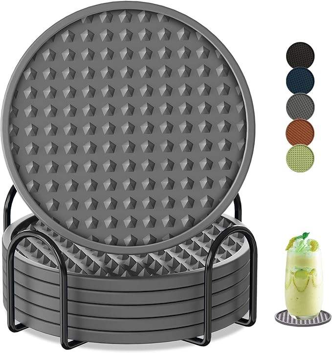 Coasters for Drinks 6 Pack Drinking Coasters with Holder,Heat Resistant Silicone Cup Mat Tabletop Protection,Non-Slip Rubber Coaster for Kinds of Cups (Grey)