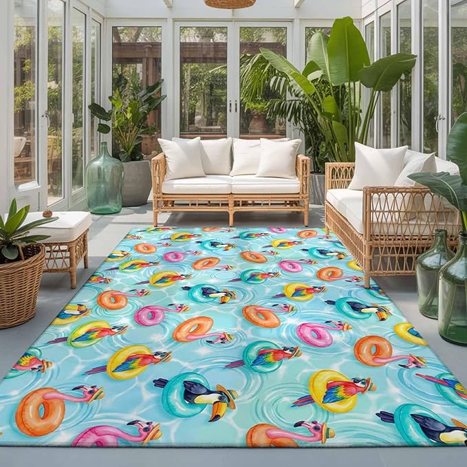 Area Rug 3x5ft, Summer Pool Float Swim Rings Washable Rugs for Living Room Bedroom, Tropical Flamingo Birds Soft Non-Slip Area Rugs Rectangle Floor Carpet for Dining Room