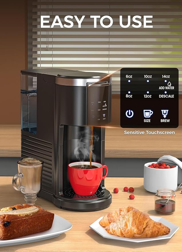 Electactic Single Serve Coffee Maker, 2 in 1 Kcup Pod & Ground Coffee Brewer, 40 Oz Removable Water Tank, 5 Brew Sizes 6-14 Oz, Self-cleaning Fast Heating Coffee Machine for Home Office