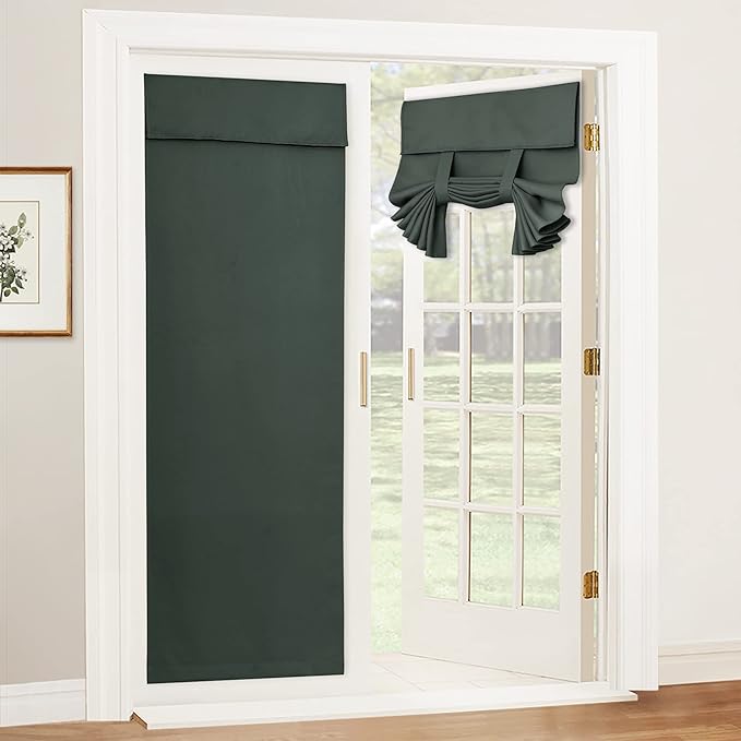 RYB HOME Blackout French Door Curtain - Privacy Thermal Insulated Window Shades for Patio Kitchen Front Entry Back Door Glass Window, Self Adhesive No Drill, 1 Panel, 26" W x 80" L, Dark Green
