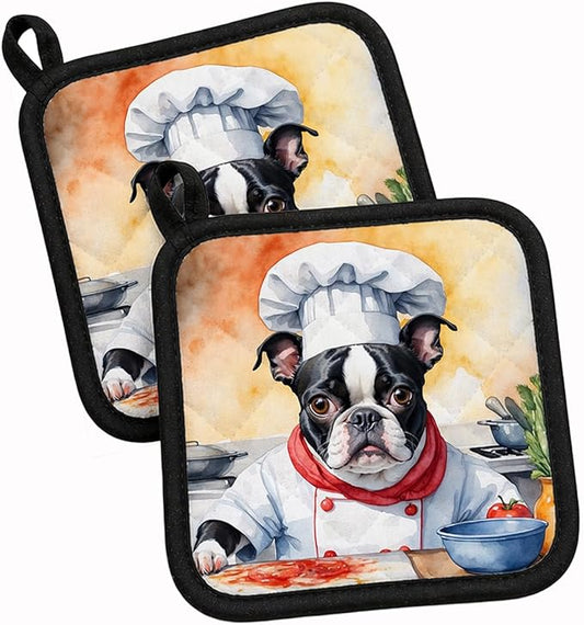 Caroline's Treasures Boston Terrier The Chef Pair of Pot Holders Kitchen Heat Resistant Pot Holders Sets Oven Hot Pads for Cooking Baking BBQ, 7 1/2 x 7 1/2