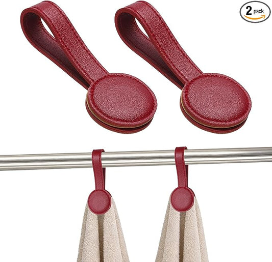 uxcell 2 Pcs Kitchen Magnetic Towel Clips, Leather Towel Holder Clip Multi-Purpose Hand Hooks Kitchen Accessories for Oven Handles Bars Racks, Red