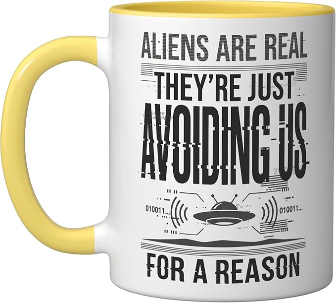 Aliens UFO Space Sci Fi Believer Extraterrestrial Ceramic Mug, Yellow/White