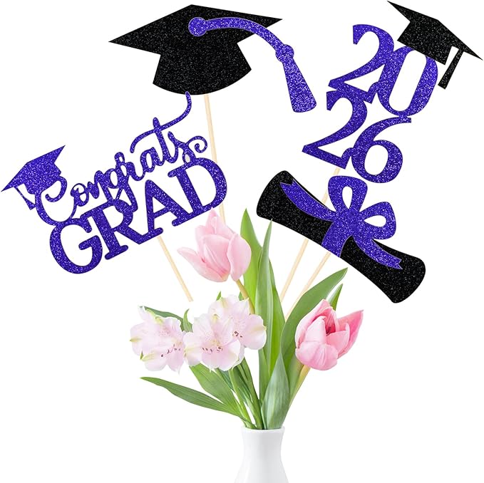 Graduation Decorations 2026, 16 PCS Gold and Blue Double Sided Graduation Centerpieces Sticks Glitter for Tables, Table Toppers Set for Class of 2026 Congrats Grad Party Supplies (Blue)