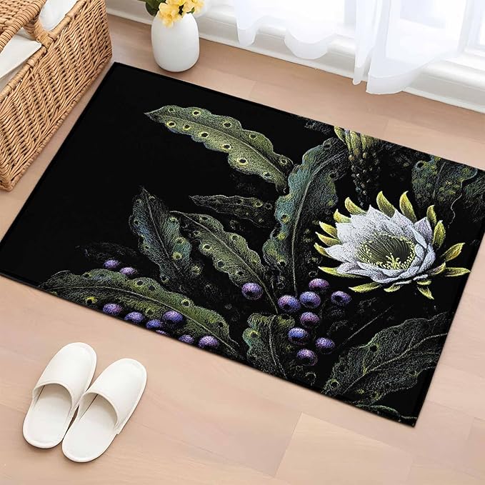 Area Rug 2x3ft, Watercolor Flower Berry Leaves Washable Rugs for Living Room Bedroom, Botanical Plant Dark Style Soft Non-Slip Area Rugs Rectangle Floor Carpet for Dining Room
