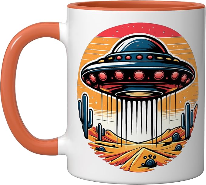 Retro UFO Desert Abduction Scene | Vintage Sci-Fi Ceramic Mug, Orange/White