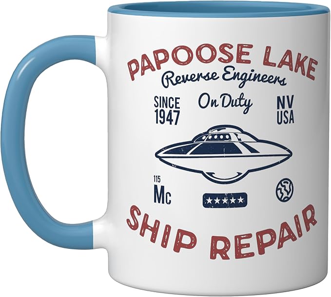 Flying Saucer Papoose Lake Ship Repair Funny UFO Ceramic Mug, Blue/White
