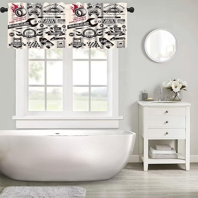 Retro Man Valances Curtains, Car Repair Shop Logos Monochrome Car Silhouettes Best Garage in Town, Windows Short Curtain Valance for Kitchen Bedroom Bathroom with Rod Pocket, 1 Panel 54X18 Inches