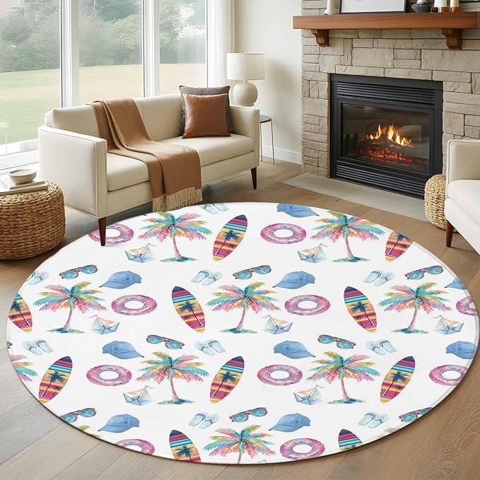 Washable Round Area Rug Summer Surfboard Coconut Tree Circle Rugs Floor Carpet for Living Room Bedroom, Tropical Seamless Pattern Soft Non Slip Round Rug 5ft