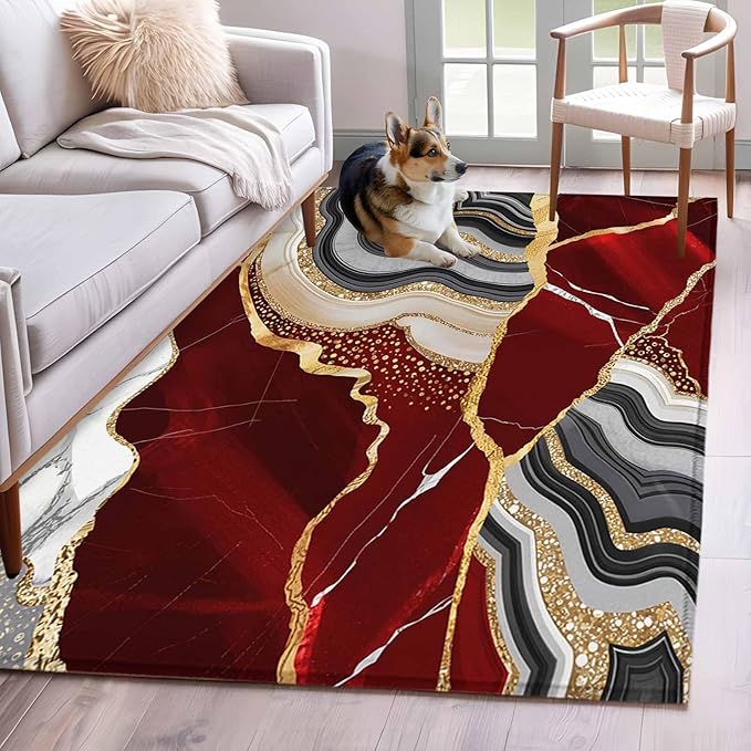 Area Rug 3x5ft, Abstract Flowing Marble Fluid Art Washable Rugs for Living Room Bedroom, Red and Gold Lines Soft Non-Slip Area Rugs Rectangle Floor Carpet for Dining Room