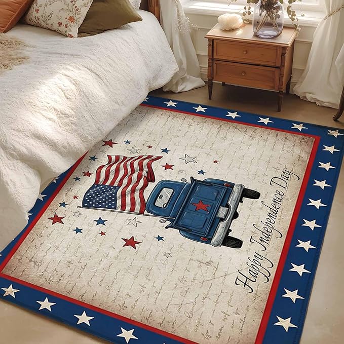 Area Rug 3x5ft, Happy Independence Day USA Flag Washable Rugs for Living Room Bedroom, Retro Blue Truck Soft Non-Slip Area Rugs Rectangle Floor Carpet for Dining Room