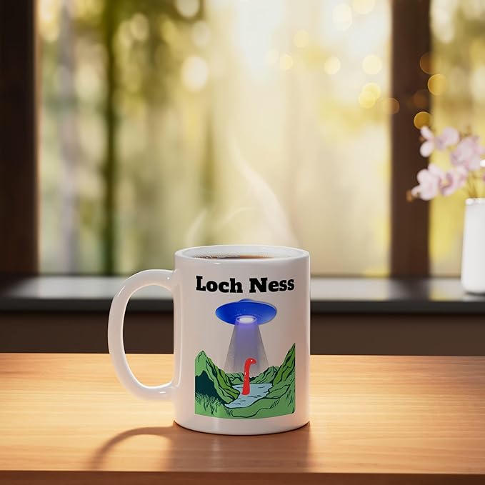 Funny UFO Loch Ness flying saucer Monster Nessie Scotland Ceramic Mug, White