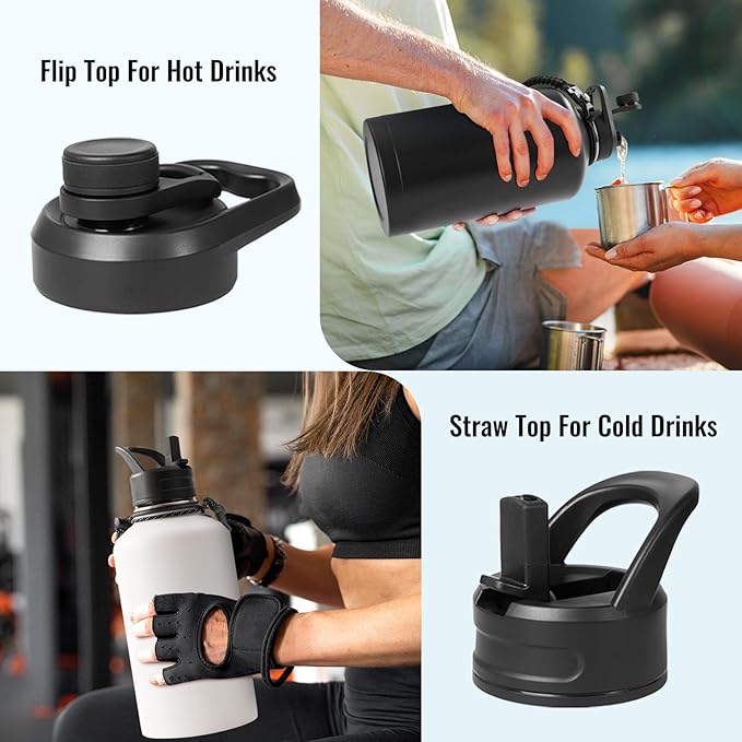 Fijinhom Gallon Water Bottle with 2 Lids (Straw & Spout), 304 Stainless Steel Water Jug with Handle and Wide Mouth, 1 Gallon Vacuum Double Walled Jug for Sports, Outdoors, Leak-Proof, Black 128 oz